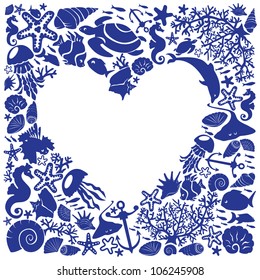 White background heart is surrounded of fishes, dolphins, shells, corals, seahorses