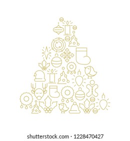 White background with holiday icons set in form of christmas tree doodle vector illustration