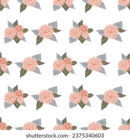 A white background with horizontal stripes of mums in colors of salmon and orange create this seamless vector repeat pattern design.