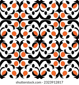 White background hosts an eye catching orange and black pattern. Inspired by art nouveau aesthetics, it features peppermint motif, adding touch of whimsy to the design.