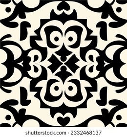 White background hosts an intricate black and white pattern resembling a damask. The dark floral elements create a seamless design with pleasing symmetry.