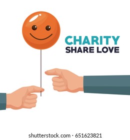 white background human hand giving a balloon form of happy face charity share love