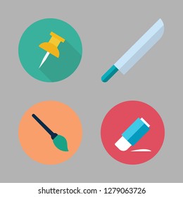 white background icon set. vector set about knife, push pin, eraser and paint brush icons set.