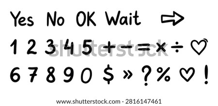 A white background image featuring a collection of handwritten-style text and symbols, including numbers, mathematical operators, and affirmations like 'Yes', 'No', 'OK', and 'Wait', displayed in a playful black font.