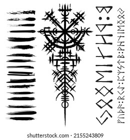 White background with ink blots and abstract black brushed symbol. Old norse viking mythology wallpaper with rune symbol. Tattoo sample pattern design