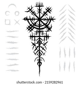 Weißer Hintergrund mit Tintenflecken und abstraktem, schwarz gebürstetem Symbol. Alte norse, die mythologische Tapete mit rundem Symbol besucht. Muster-Design von Tattoo