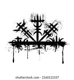 White background with ink blots and abstract black brushed symbol. Old norse viking mythology wallpaper with rune symbol. Tattoo sample pattern design