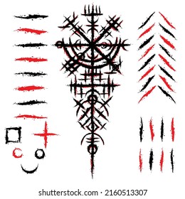 White background with ink blots and abstract black brushed symbol. Old norse viking mythology wallpaper with rune symbol. Tattoo sample pattern design