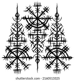 White background with ink blots and abstract black brushed symbols. Old norse viking mythology wallpaper with rune symbol. Tattoo sample pattern design