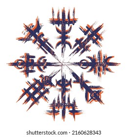 White background with ink blots and abstract dark brushed symbol. Old norse viking mythology wallpaper with rune symbol. Tattoo sample pattern design