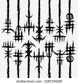 White background with ink blots and abstract black brushed symbols. Old norse viking mythology wallpaper with rune symbol. Tattoo sample pattern design