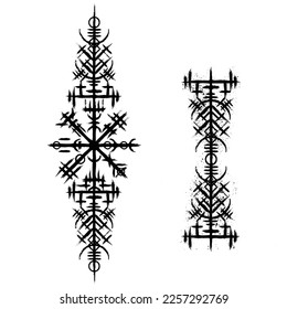 Weißer Hintergrund mit Tintenflecken und abstraktem, schwarz gebürstetem Symbol. Alte norse, die mythologische Tapete mit rundem Symbol besucht. Muster-Design von Tattoo