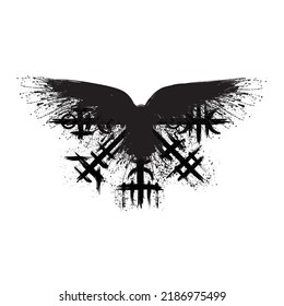 White background with ink blots raven silhouette and abstract black brushed symbol. Old norse viking mythology wallpaper with rune sign. Tattoo sample pattern design