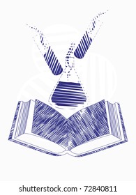 white background with isolated book, lab beakers, vector illustration