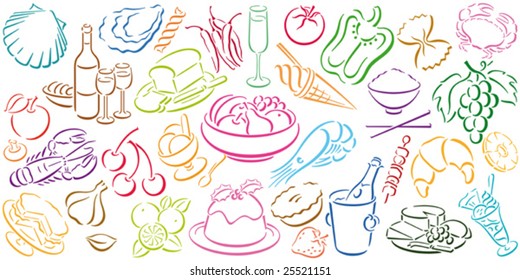 white background in landscape format with colored food symbols