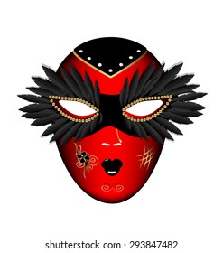white background and the large black-red carnival mask