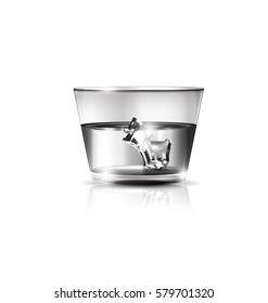 white background, the large glass of strong alkoholic drink or water and ice cubes inside