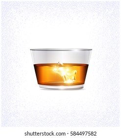 white background and the large glass of strong alkoholic drink and ice