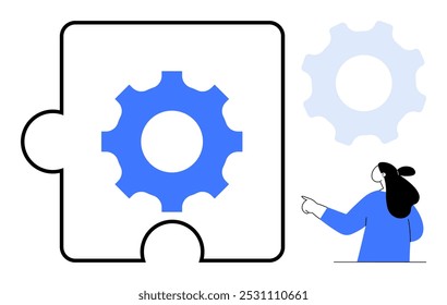 White background with large puzzle piece featuring a blue gear, person pointing to smaller gear. Ideal for business concepts, teamwork, problem solving, technical processes, educational purposes