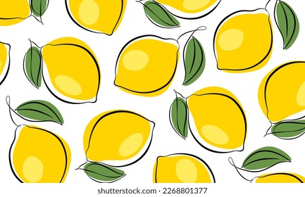 White background with lemons. Flat design. Outline with colored spots. Fresh citrus background.