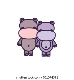 white background with light color faceless caricature couple cute animal hippopotamus vector illustration