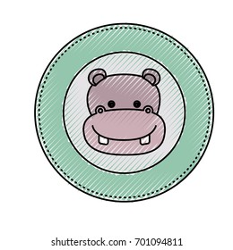 white background with light color frame decorative and face hippopotamus cute animal vector illustration
