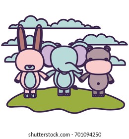 white background with light color scene faceless rabbit elephant and hippopotamus animals holding hands in grass vector illustration