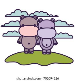 white background with light color scene couple faceless hippopotamus animals in grass vector illustration