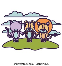 white background with light color scene faceless cat tiger and lion animals holding hands in grass vector illustration