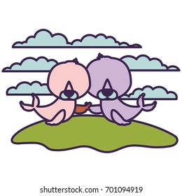 white background with light color scene couple faceless seals aquatic animals in grass vector illustration