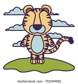 white background with light color scene fasceless caricature tiger animal in grass vector illustration