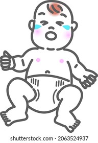 White background line drawing of cute Asian baby crying