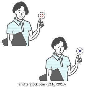 White background line drawing of a set of muscular female yes and no flags and facial expression variations in a gym uniform style polo shirt