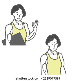 White background line drawing of a set of OK and frustrated facial expressions of a muscular woman in a young tank top