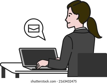 White background line drawing vector illustration of a person sitting facing a computer and sending an email