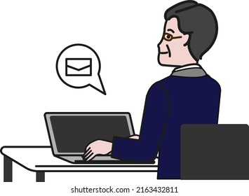 White background line drawing vector illustration of a person sitting facing a computer and sending an email