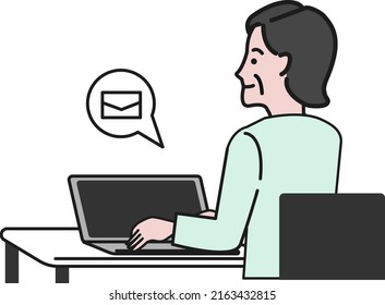 White background line drawing vector illustration of a person sitting facing a computer and sending an email