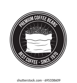 white background of logo design of circular frame premium coffee beans of best coffee since 1970 with bag full beans vector illustration