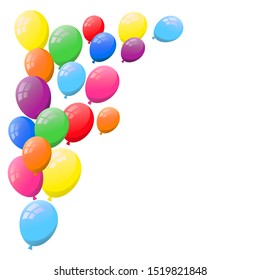 White background with lots of colorful flat helium balloons flying away.
