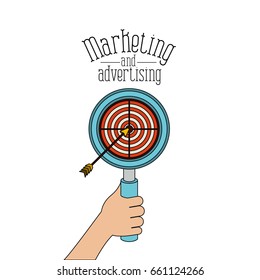 white background with loupe with target and arrow marketing and advertising vector illustration