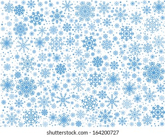 White background maked from blue frosty snowflakes, vector pattern