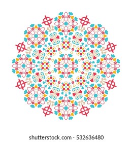 White background with mandala ornament in the red, yellow and blue color.