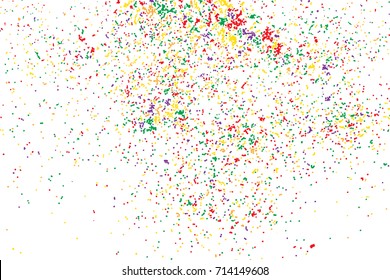 White background with many falling tiny round random confetti, glitter and serpentine pieces blow and sprayed on white background. Isolated.