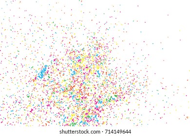 White background with many falling tiny round random confetti, glitter and serpentine pieces blow and sprayed on white background. Isolated.