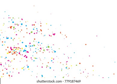 White background with many falling tiny round random confetti, glitter and serpentine pieces blow and sprayed on white background. Isolated. Vector.