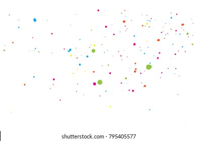White background with many falling tiny round random confetti, glitter and serpentine pieces blow and sprayed on white background. Isolated. Vector.