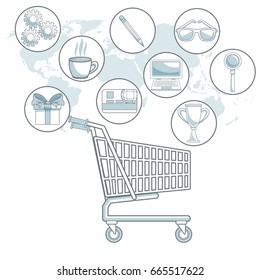 white background map world with color sections of shopping cart with bubbles icons digital marketing
