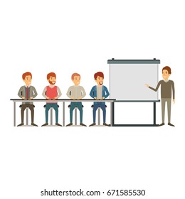 white background with men group sitting in a desk for executive male in presentacion business people vector illustration