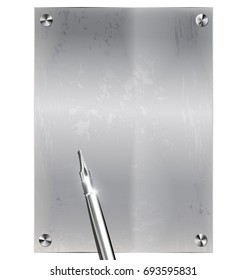 white background and metal stylized sheet of paper with old-fashioned silver writing pen