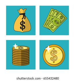 white background with money bag and bills and coins in square frames